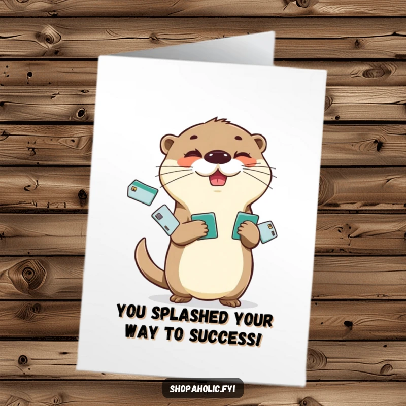 Funny Free Printable Congrats Card: Cheerful otter juggling multiple credit cards, a mischievous glint in its eye.