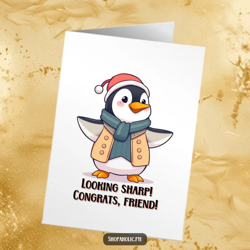 Funny Free Printable Congratulations Card: Penguin proudly displaying a stylish new outfit, celebrating a fabulous achievement.