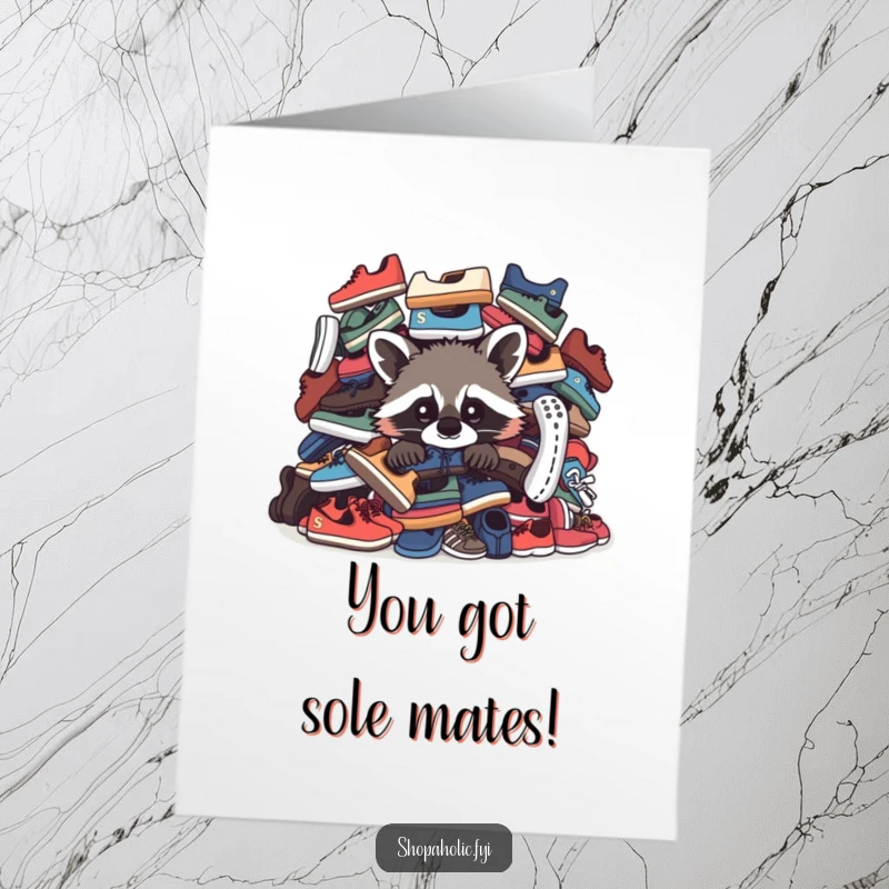 Funny free printable congratulations card showcasing a raccoon hiding behind a huge pile of shoes, celebrating a win.