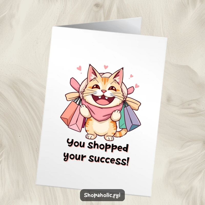 Funny Free Printable congratulations card: a cat beams, laden with shopping bags, celebrating retail success, a downloadable gift.