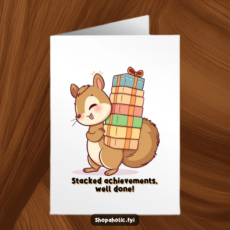 Funny Free Printable Congratulations Card: A playful squirrel attempts to carry a comically tall stack of packages in victory.