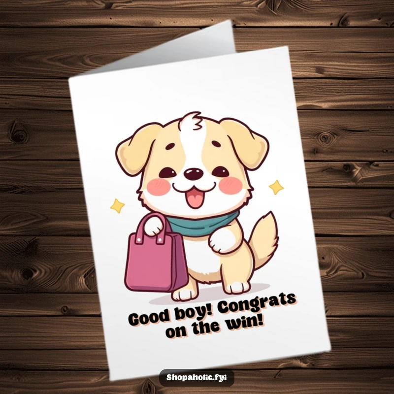 Funny Free Printable Dog Congratulations Card: Dog proudly offers a gift bag, celebrating a remarkable achievement.