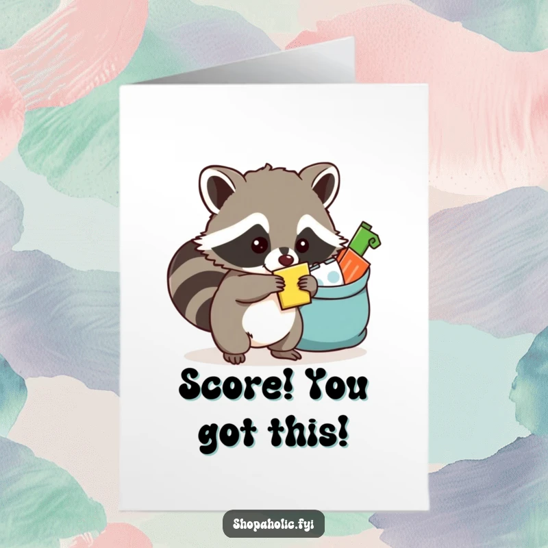 Funny Free Printable Congratulations Card: Mischievous raccoon grins while sneaking a prize into a bulging bag.