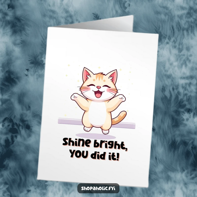Funny Free Printable Congratulations Card: A cheerful cat bounces excitedly in front of a glittering display, celebrating a big win.