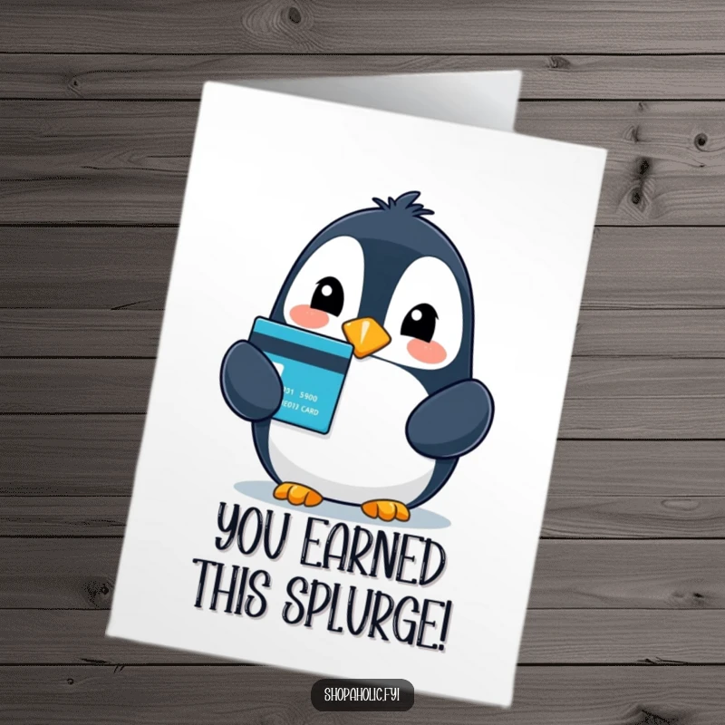 Funny Free Printable Congratulations Card: A penguin beams holding a credit card, celebrating a fantastic achievement.