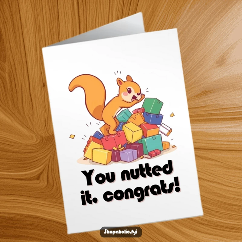 Funny Free Printable Congrats Card: Hyperactive squirrel chasing tumbling colorful boxes, a celebration of success, print at home.