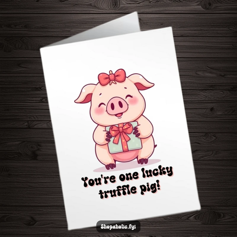 Funny Free Printable Congratulations Card: A pig gleefully clutches a wrapped gift, embodying celebratory success.