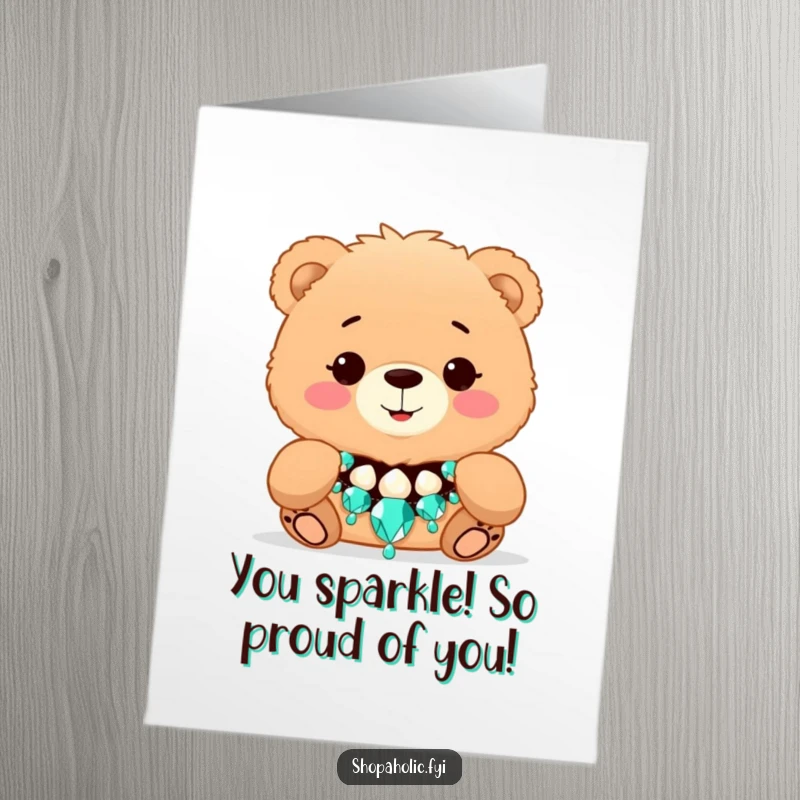 Funny Free Printable Congratulations Card: A fluffy bear happily tries on a large, dazzling necklace with a grin.