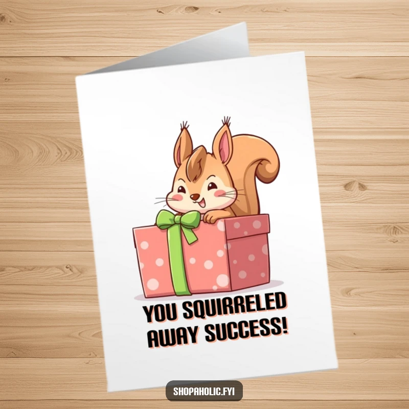 Funny Free Printable Congratulations Card: A happy squirrel looks with anticipation into a gift-wrapped box, ready for a surprise.