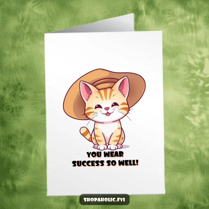 Funny Free Printable Congratulations Card: A cheerful cat character tries on a comically large and stylish hat.
