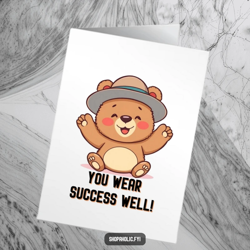 Funny Free Printable Congratulations Card: Playful bear wearing a comically large hat with glee, celebrating a big win humorously.