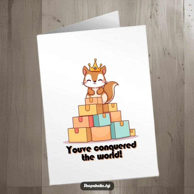 Funny Free Printable Congrats Card: A mischievous squirrel in a tiny crown surveys its kingdom from a mountain of boxes.