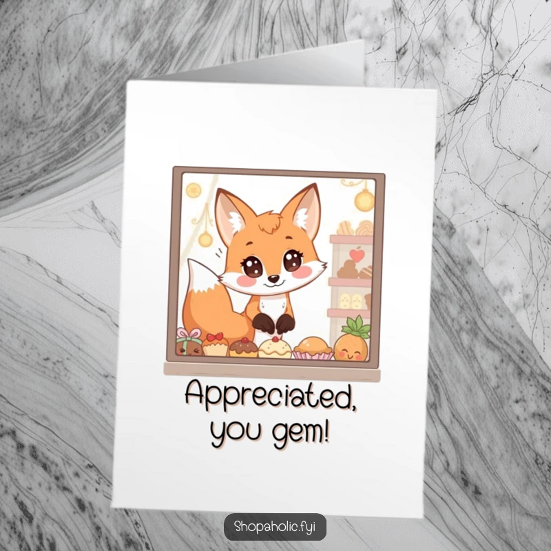 Funny Free Printable Thank You Card: A fox with mesmerized eyes fixated on a window displaying delightful treats.