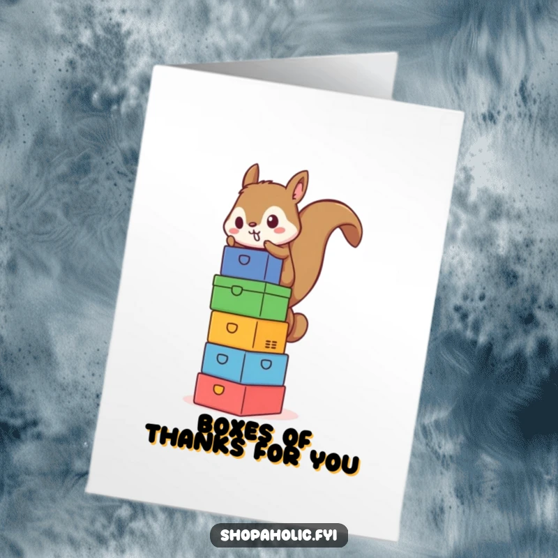 Funny Free Printable Thank You Card: A focused squirrel balances a high tower of brightly colored boxes, showing effort.