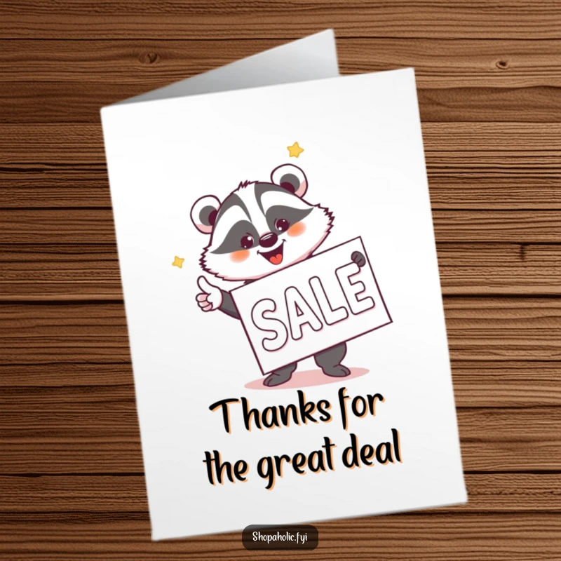 Funny Free Printable Thank You Card: A happy badger gleefully points at a giant sale banner, showing appreciation.