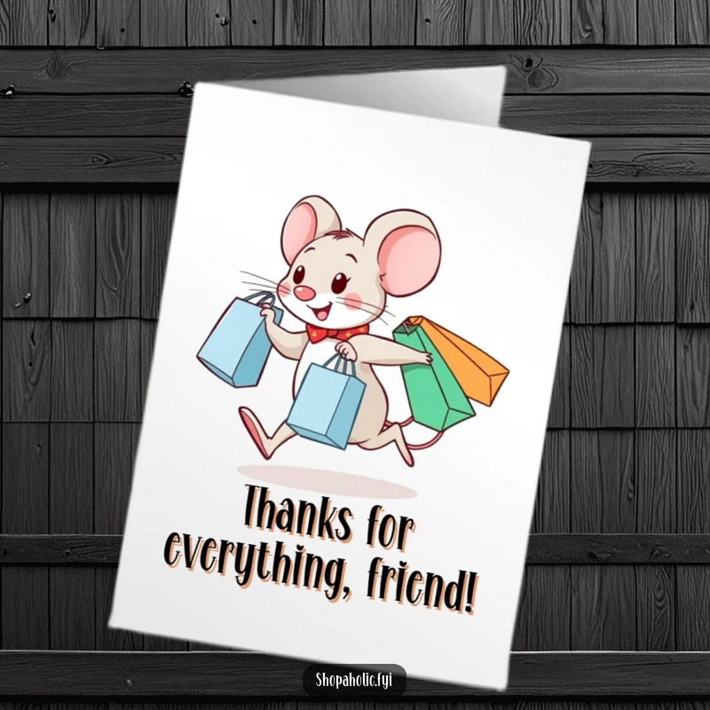 Funny Free Printable Thank You Card: A cheerful mouse skips happily, carrying three bulging shopping bags.