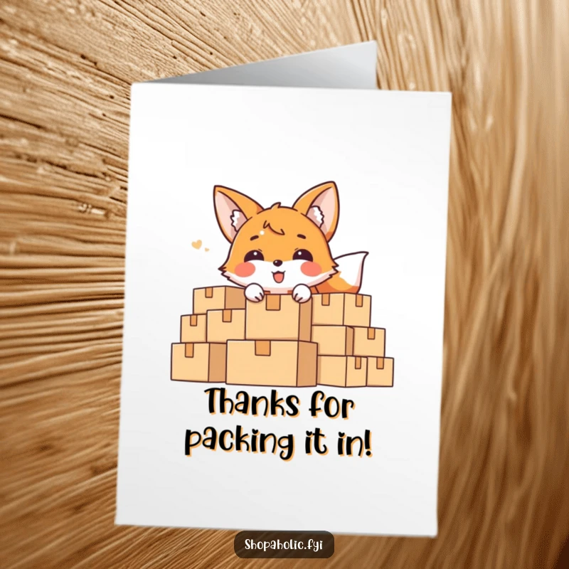 Funny Free Printable Thank You Card: A delighted fox peeks shyly from behind a large pile of cardboard boxes. Cute gratitude.