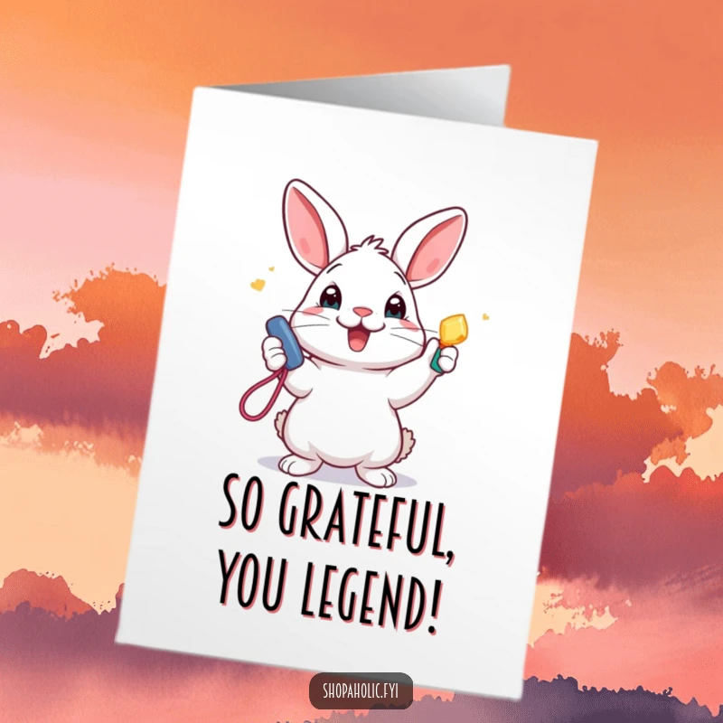 Funny Free Printable Thank You Card: Rabbit showing off a shiny new accessory, expressing thanks with glee.