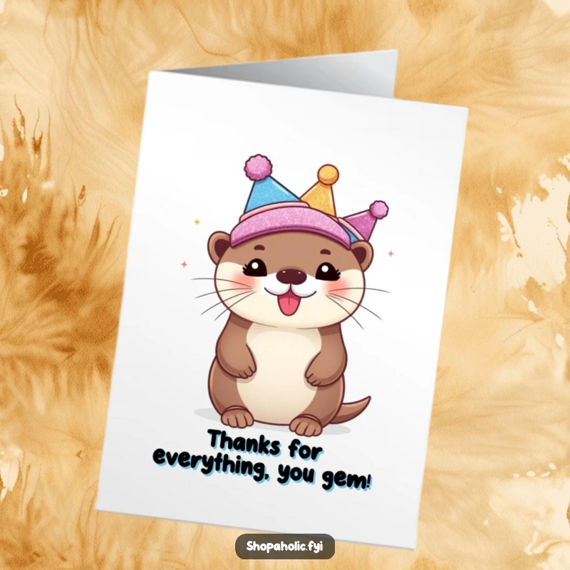 Funny Free Printable Thank You Card: Overflowing with thanks, an otter tries on whimsical hats. A charming, hilarious downloadable design.