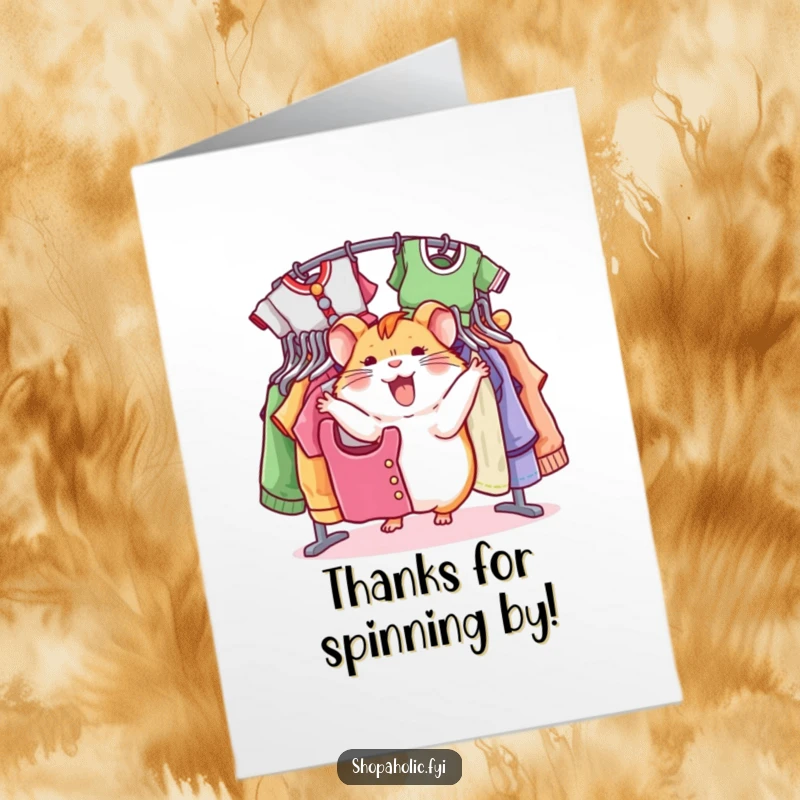 Funny Free Printable Thank You Card: Jovial hamster spinning near clothes, expressing thanks with enthusiasm.
