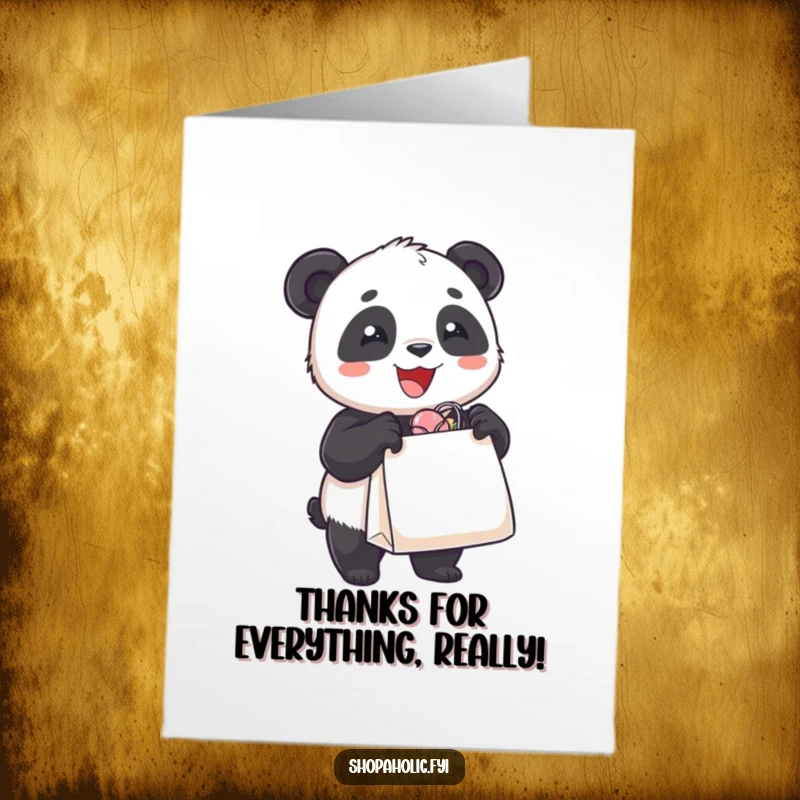 Funny Free Printable Thank You Card: A delighted panda bear happily holds an overflowing shopping bag, symbolizing gratitude and joy.