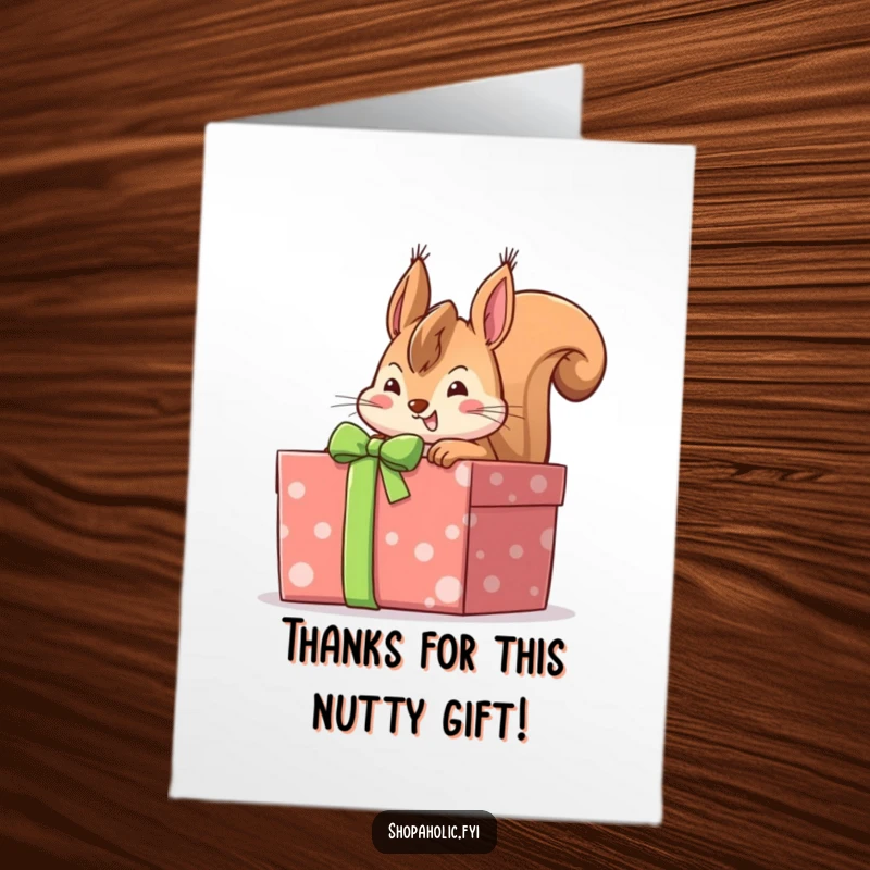 Funny Free Printable Thank You Card: A cheerful squirrel peeks into a large gift box, full of hopeful anticipation.