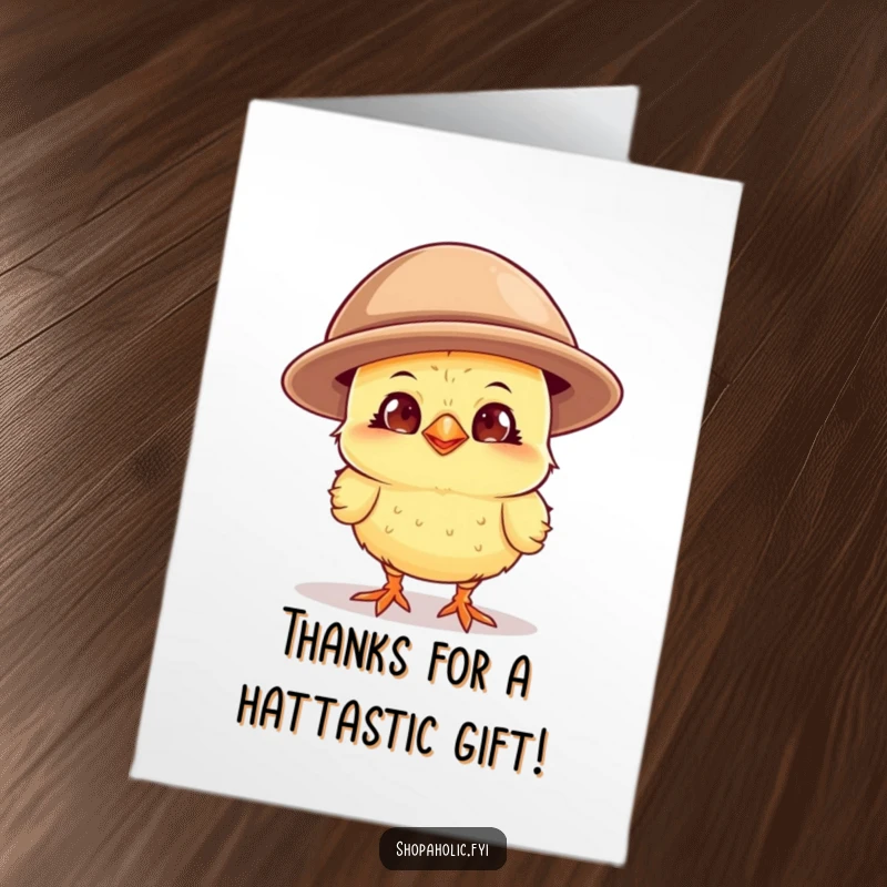 Funny Free Printable Thank You Card: A chick shows off a wide grin under a comically oversized hat.