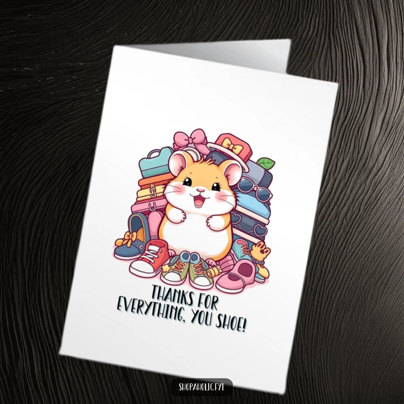 Funny Free Printable Thank You Card: Cheerful hamster surrounded by shoes, expressing thanks in a DIY gift.