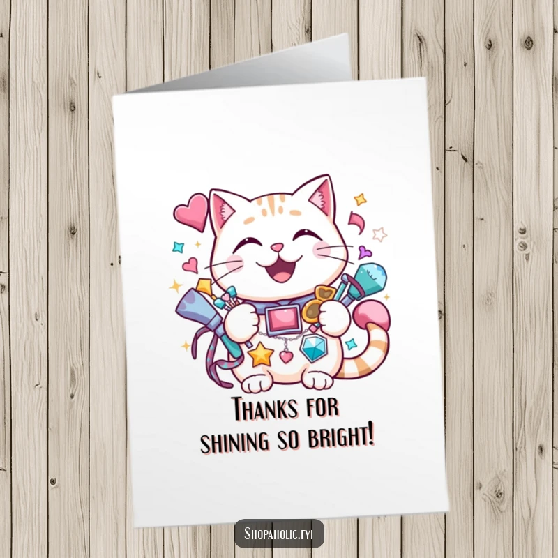 Funny Free Printable Thank You Card: A cheerful cat with a grin, holding a vast amount of sparkly accessories, saying thanks.