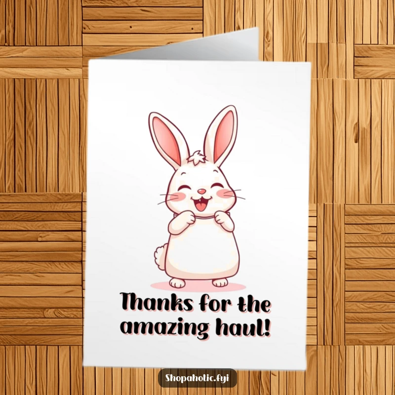 Funny Free Printable Thank You Card: A happy bunny beams, overflowing shopping bag in hand, saying thanks with style.