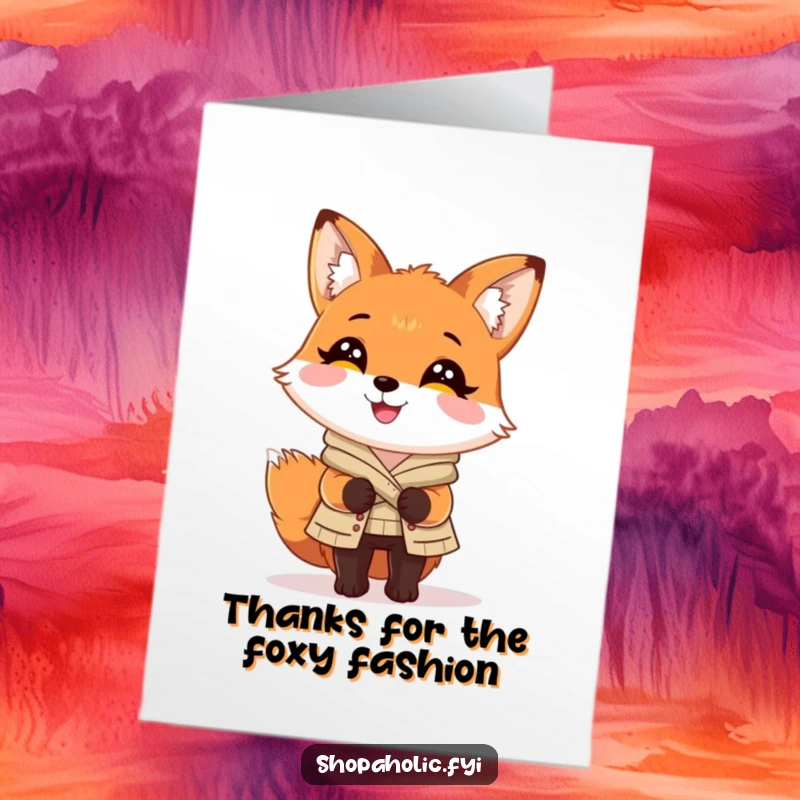 Funny Free Printable Thank You Card: Charming fox delighted with a stylish outfit, a thank you for great taste.