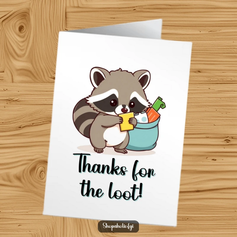 Funny Free Printable Thank You Card: Mischievous raccoon proudly displays an overflowing bag of 'found' treasures.