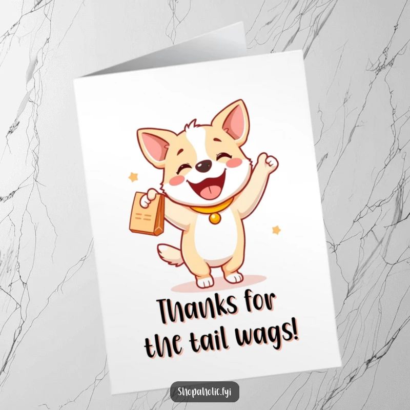 Funny Free Printable Thank You Card: A happy dog dances joyfully with a new item it received.