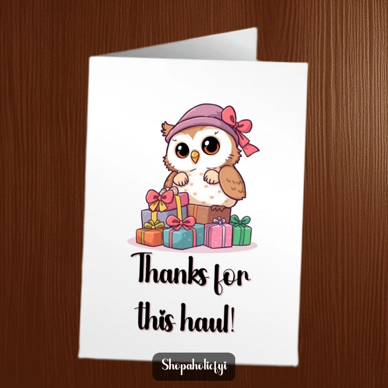Funny Free Printable Thank You Card: A curious owl peeking from behind presents, conveying thanks with a hint of intrigue.