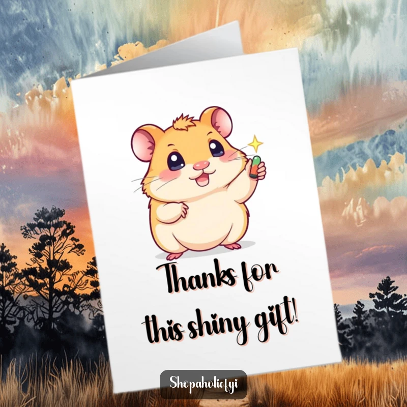 Funny Free Printable Thank You Card with a cute hamster with big eyes, enthusiastically reaching for a shiny treat.