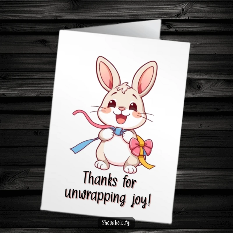 Funny Free Printable Thank You Card: A cheerful bunny excitedly unwrapping a colorful ribbon, conveying thanks with pure delight.