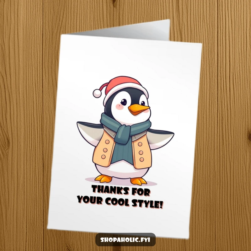 Funny Free Printable Thank You Card: Proud penguin showing off a new outfit, conveying thanks with style.