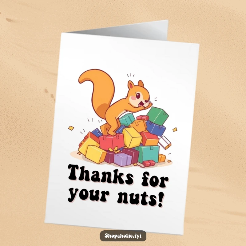 Funny Free Printable Thank You Card: Hyperactive squirrel chasing tumbling colorful boxes, a quirky thank you gift, print at home.