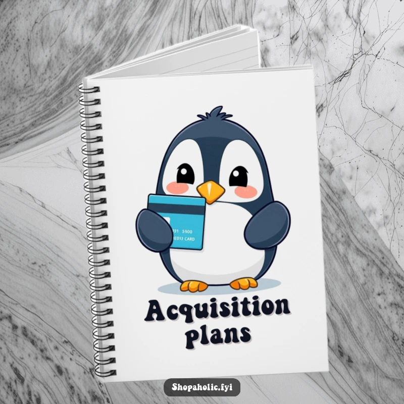 Funny notebook featuring a beaming penguin holding a credit card, ready to record shopping sprees and brilliant ideas.