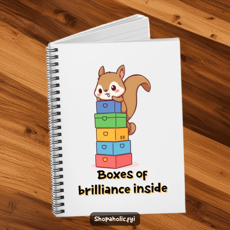 Funny Squirrel Box Tower Notebook - Features a determined squirrel balancing a tower of boxes, ideal for jotting down ambitious plans humorously.