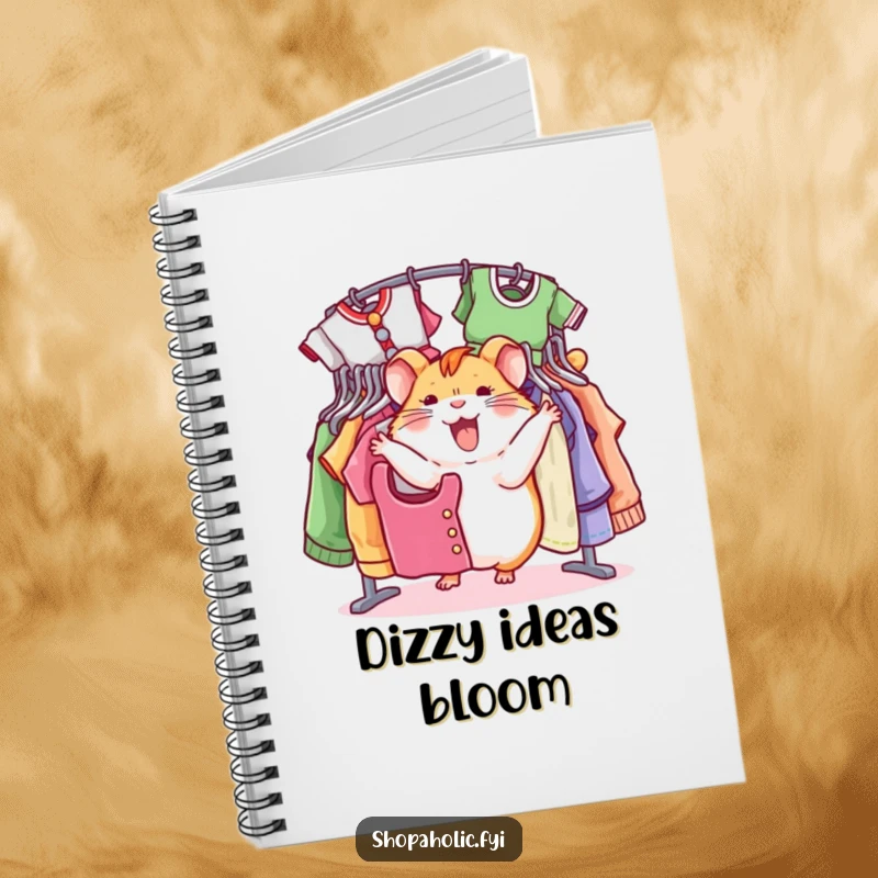 Funny hamster notebook, joyfully spinning around a rack of colorful clothes, perfect for jotting fashion notes, a gift.