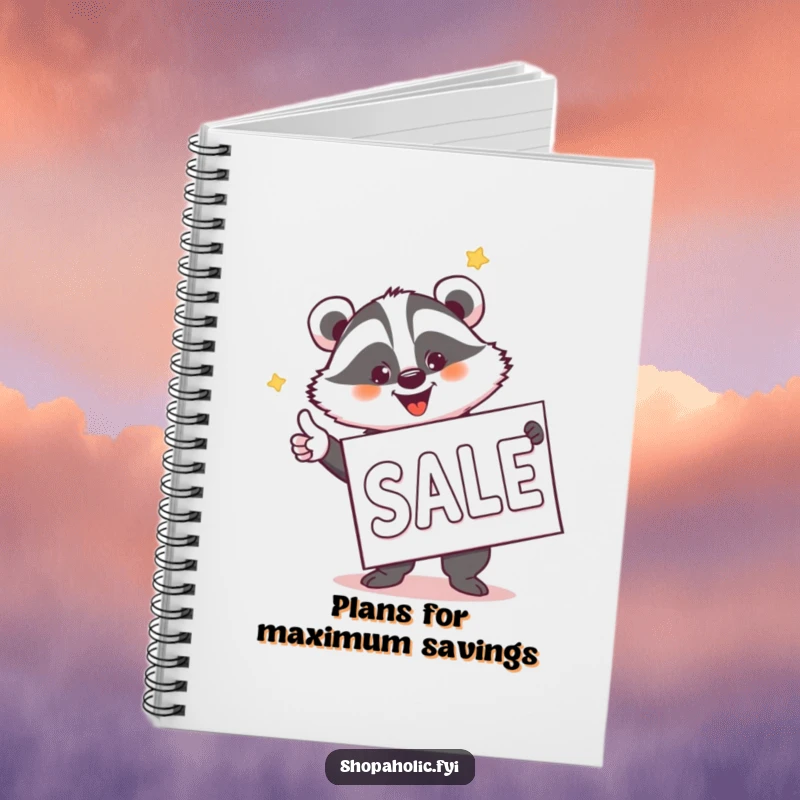 Funny Badger Sale Hunter Notebook - Features a jovial badger pointing at a sale banner, inspiring note-taking for deals and ideas.