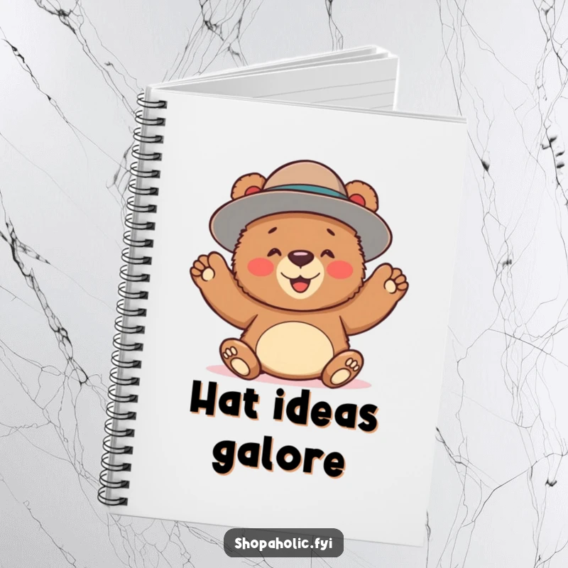 Funny notebook with a bear joyfully wearing an oversized hat, perfect for jotting down big ideas and plans.