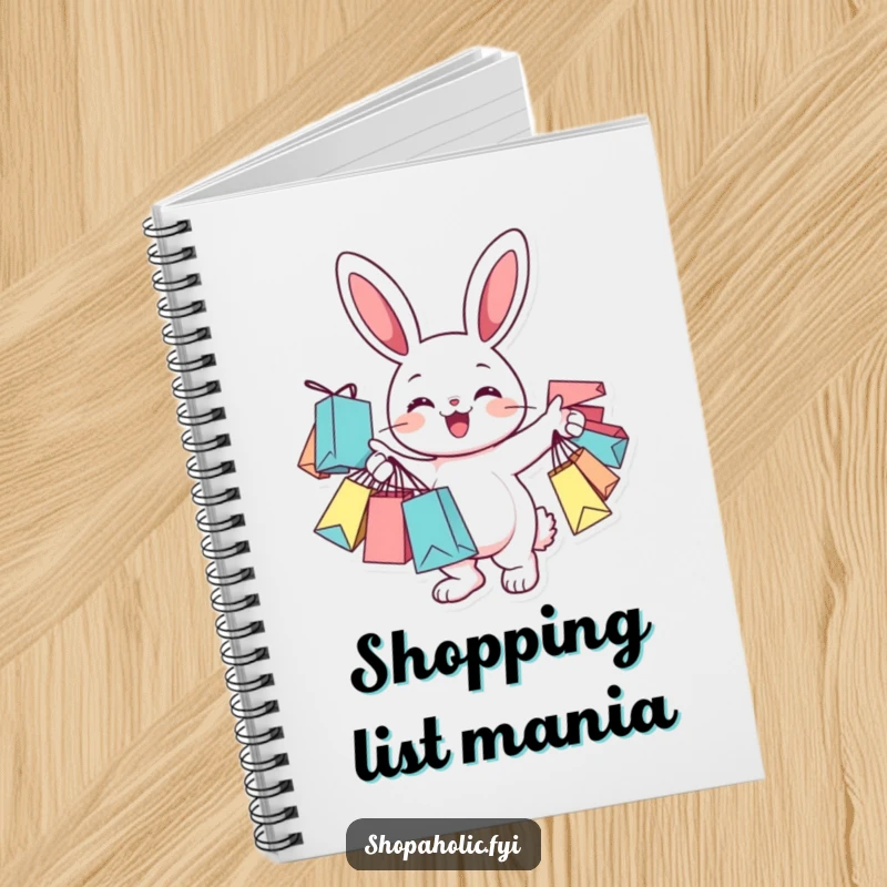 Funny Notebook with a cheerful bunny character holding many shopping bags, perfect for shopping lists.