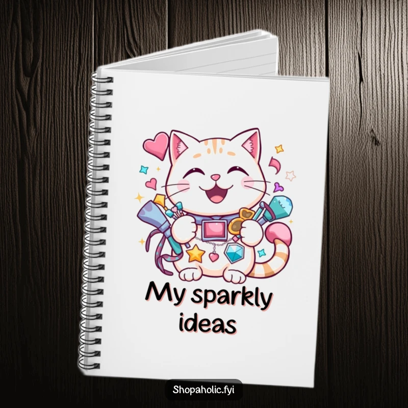 Funny cat notebook with a cheerful cat grinning while holding a vast amount of sparkly accessories, for notes.