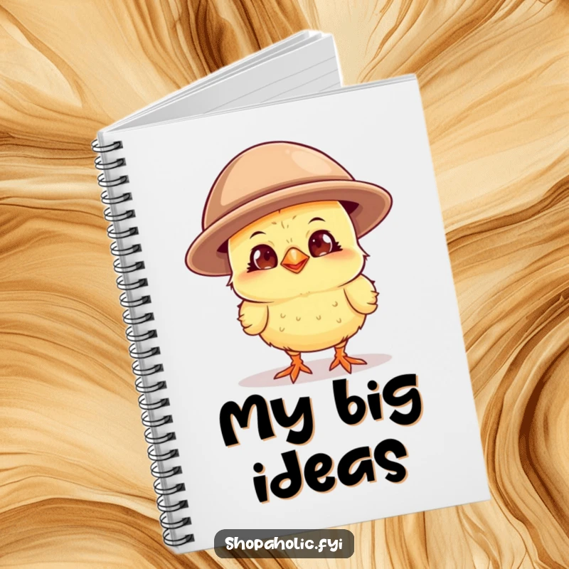Funny curious chick with a wide grin, wearing a comically oversized hat, a notebook designed for fashion lovers and creative minds.