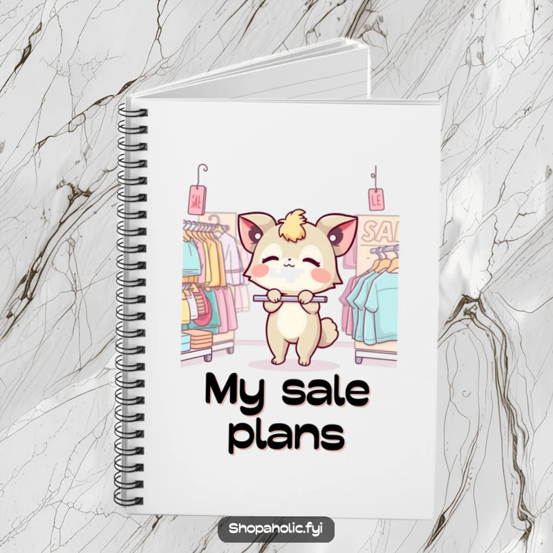 Funny notebook with a cute creature swooning over a sale rack, great for note-taking and shopping lists.