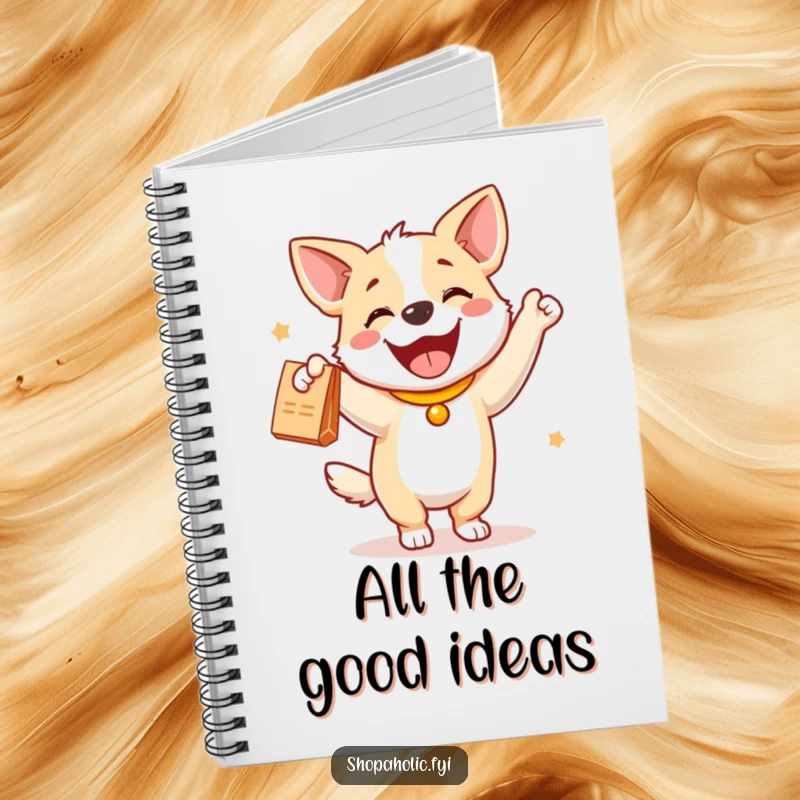 Funny dog notebook featuring a joyful dog doing a happy dance with a new purchase, ideal for notes and lists.