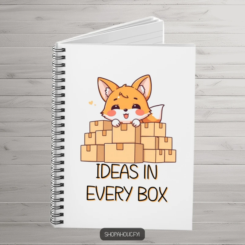 Funny Notebook with a delighted fox character peeking from behind boxes, perfect for jotting down hidden ideas.