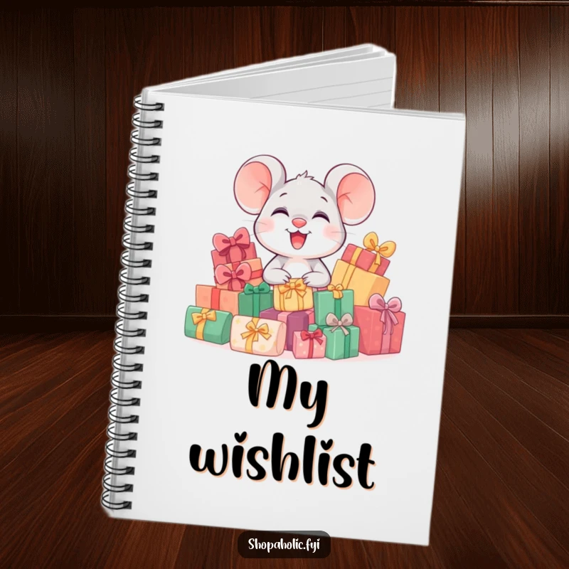Funny notebook cover showing a giggling mouse character delightedly surveying a massive pile of wrapped presents, inspiring creative thoughts.